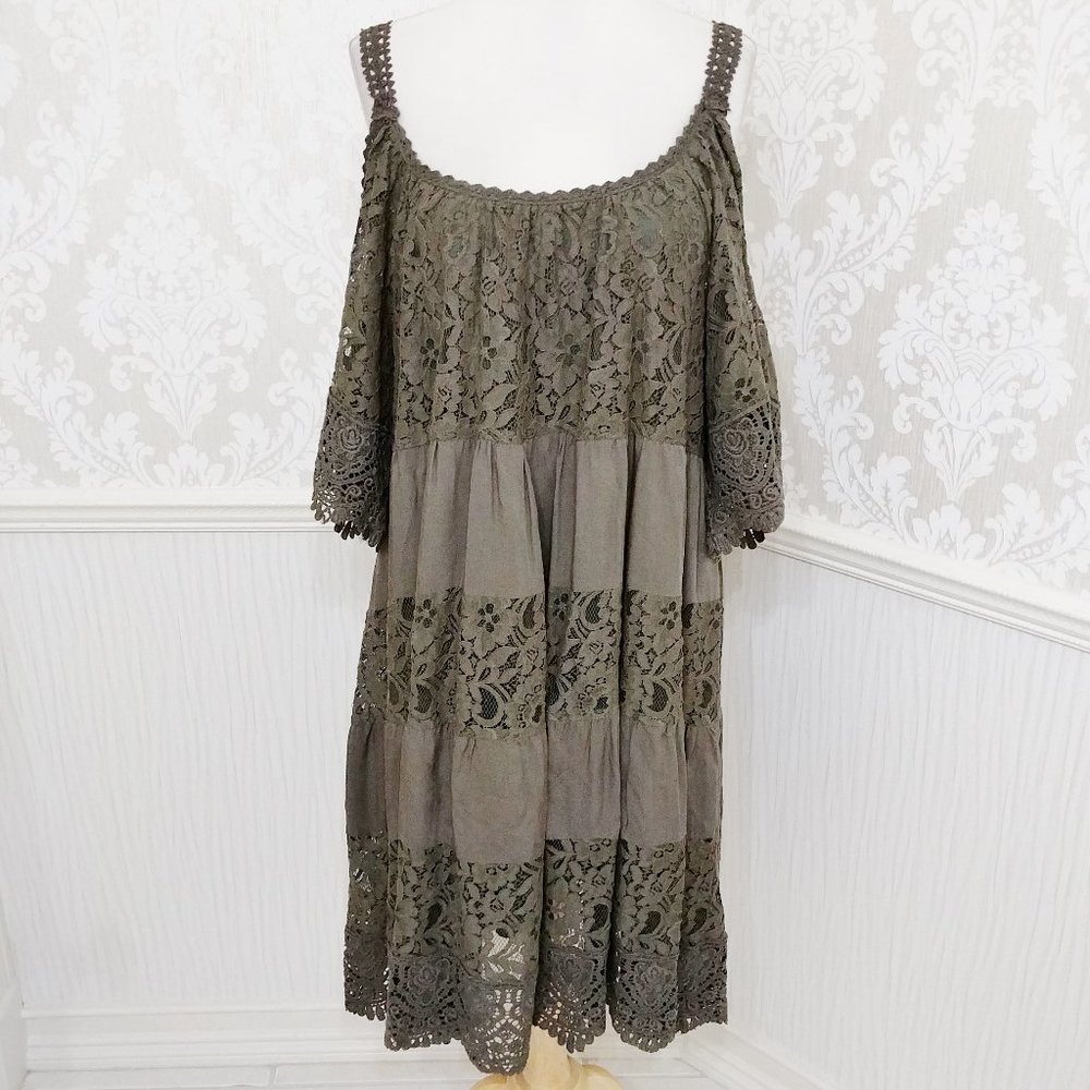 Muche Muchette Olive Green Cold Shoulder Lace Detail Dress Boho Lagenlook M / L
